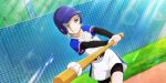  1girl anime_coloring ball baseball baseball_(object) baseball_bat baseball_helmet baseball_jersey baseball_uniform batting_stance belt belt_buckle bike_shorts black_belt black_undershirt blonde_hair blue_hat blush buckle chain-link_fence clenched_teeth collarbone cowboy_shot day dutch_angle fence grass hair_over_one_eye hat helmet highres holding holding_baseball_bat jersey lens_flare light_rays looking_at_object looking_to_the_side love_live! love_live!_nijigasaki_high_school_idol_club love_live!_school_idol_festival_all_stars mia_taylor official_art one_eye_covered outdoors playing_sports purple_eyes serious shirt shirt_under_shirt short_hair short_sleeves solo sportswear striped_clothes striped_shirt sunbeam sunlight swinging_baseball_bat teeth v-shaped_eyebrows vertical-striped_clothes vertical-striped_shirt white_shirt 