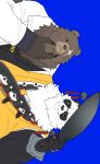  2boys animal_ears bara bear_boy bear_ears ben_bigger black_fur black_tank_top blue_background chain chain_necklace chinese_clothes claws closed_mouth commentary fat furry furry_male highres holding_headgear jacket jewelry looking_at_viewer male_focus multicolored_fur multiple_boys necklace notched_ear pan_yinhu panda_boy panda_ears plump round_eyewear scar scar_across_eye scar_on_face shirt smile syabeo symbol-only_commentary tank_top white_fur white_jacket wok yellow_shirt zenless_zone_zero 