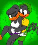  accipitriform avian bird breasts clothing duo hi_res hug hugging_from_behind joaoppereiraus one_eye_closed shirt tank_top topwear vulture wink 