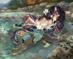 anthro black_body black_fur black_hair black_nose blue_body blue_eyes blue_fur brown_body brown_fur canid canine canis cheek_tuft corzh77 domestic_dog duo facial_tuft featureless_crotch felid fur hair hi_res licking licking_another male mammal markings multicolored_body multicolored_fur nude open_mouth outside partially_submerged pupils purple_eyes red_body red_fur spots spotted_legs spotted_markings spotted_tail tail tail_markings tan_body tan_fur tongue tongue_out tuft water white_body white_fur white_hair white_pupils