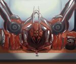  1boy full_body highres holostars holostars_english humanoid_robot indoors jacket looking_at_viewer machina_x_flayon mecha pandagyarl7878 r-trus_(machina_x_flayon) red_hair red_jacket robot science_fiction short_hair size_difference solo tail 