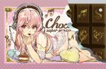  1girl babydoll cake cake_slice chocolate commentary detached_sleeves ed0401 eighth_note english_text food food_bite gold_border hashtag-only_commentary headphones heart heart-shaped_pillow long_hair looking_at_viewer lying musical_note nail_polish nitroplus on_side panties pillow pink_background pink_hair plate polka_dot polka_dot_background puffy_short_sleeves puffy_sleeves red_eyes short_sleeves solo super_sonico treble_clef twitter_username underwear watermark white_babydoll white_panties 