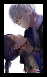  2boys alternate_costume bishounen black_border black_eyes blue_lock border closed_mouth colored_eyelashes commentary_request eyelashes highres looking_at_another male_focus mikage_reo multiple_boys nagi_seishirou naka_(58hrprtr) ponytail purple_eyes purple_hair short_hair simple_background white_background white_hair yaoi 
