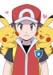  1boy brown_eyes brown_hair closed_mouth commentary cuddling frown hat heart highres looking_at_viewer male_focus nakikot_t pikachu pokemon pokemon_(creature) pokemon_frlg red_(pokemon) red_hat red_vest shirt short_hair short_sleeves symbol-only_commentary upper_body vest vs_seeker white_background 