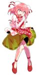  1girl bandaged_arm bandages breasts bun_cover commentary dairi double_bun flower full_body green_skirt hair_between_eyes hair_bun hand_up ibaraki_kasen knees_together_feet_apart large_variant_set looking_at_viewer medium_breasts medium_hair open_mouth pink_eyes pink_flower pink_hair print_tabard puffy_short_sleeves puffy_sleeves red_ribbon red_shoes red_tabard ribbon shirt shoes short_sleeves skirt solo standing tabard tachi-e thighs touhou variant_set white_shirt 