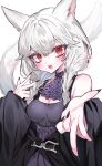  1girl absurdres animal_ears ascot bare_shoulders black_dress black_nails braid breasts cat_ears cat_girl commission double_w dress facial_mark final_fantasy final_fantasy_xiv heart highres jacket jacket_partially_removed kcc_9646 looking_at_viewer miqo&#039;te red_eyes skeb_commission sleeveless sleeveless_dress solo twin_braids twitter_username w warrior_of_light_(ff14) whisker_markings white_hair 
