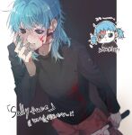  1boy black_background black_shirt blood blood_on_clothes blood_on_face blood_on_hands blood_on_knife blue_eyes blue_hair brown_pants chibi chibi_inset commentary commentary_request cowboy_shot earrings hand_on_own_face hand_up holding holding_knife jewelry knife long_sleeves looking_at_viewer male_focus oboreru_syake pants sal_fisher sally_face shirt short_twintails solo translation_request twintails white_background white_mask 