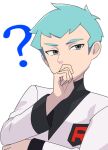 1boy ? archer_(pokemon) black_shirt green_eyes green_hair hand_up highres jacket logo long_sleeves looking_to_the_side male_focus nakikot_t pokemon pokemon_hgss shirt short_hair solo team_rocket team_rocket_uniform upper_body white_background white_jacket 