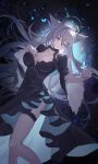  1girl absurdres animal_ear_fluff black_choker black_dress blue_archive blue_eyes blush breasts bug butterfly butterfly_on_hand choker cleavage_cutout clothing_cutout cross_halo dress grey_hair hair_between_eyes halo hand_on_own_chest highres large_breasts long_hair looking_at_viewer reiami shiroko_(blue_archive) shiroko_terror_(blue_archive) sidelocks solo tail wolf_girl wolf_tail 