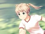  1girl artist_request blonde_hair blurry blurry_background closed_mouth game_cg green_eyes hair_bobbles hair_ornament ibarazaki_emi katawa_shoujo medium_hair motion_blur non-web_source shirt short_sleeves smile solo twintails upper_body v-shaped_eyebrows white_shirt 
