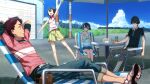  2boys 3girls arm_up baggy_shorts bare_legs black_hair black_shirt blonde_hair blue_eyes blue_skirt bob_cut breasts brown_hair brown_shoes casual checkered_clothes checkered_pants closed_eyes daitoku_junna dark-skinned_female dark_skin denim from_side frown fukuda_tomonori game_cg garage glasses green_skirt grey_eyes hair_between_eyes happy hidaka_subaru high_ponytail highres hood hoodie jeans jitome knees koujiro_frau looking_at_another miniskirt multiple_boys multiple_girls official_art open_collar open_mouth outdoors pants pants_rolled_up parasol pink_hood pink_shirt pleated_skirt polo_shirt ponytail ponytail_with_braided_base red_eyes red_hair red_stripes red_trim robotics;notes sandals senomiya_akiho shadow shirt shirt_under_shirt shoes short_hair short_sleeves shorts sitting skal skirt sleeveless sleeveless_hoodie sleeveless_shirt small_breasts smile striped_clothes striped_shirt tablet_holster tank_top teeth toenails toes tongue umbrella under_umbrella upper_teeth_only video_call white_pants white_sandals white_shirt white_tank_top yashio_kaito yellow_shorts 