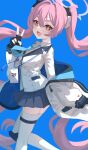  +_+ 1girl :d absurdres akazaki_yukino black_gloves blue_archive blue_background blue_necktie breasts commentary feet_out_of_frame fingerless_gloves gloves hair_between_eyes hair_ornament halo hand_up highres id_card jacket knee_pads koyuki_(blue_archive) lanyard long_hair long_sleeves looking_at_viewer necktie open_mouth pink_eyes pink_hair pink_halo pleated_skirt shirt single_knee_pad skirt smile solo thighhighs twintails v white_jacket white_shirt white_thighhighs 