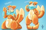2_tails ambiguous_gender anthro blue_body blue_eyes buizel dexterthederg featureless_chest featureless_crotch featureless_feet featureless_hands feet forced forced_smile forced_transformation generation_4_pokemon hi_res human human_to_inanimate inanimate_transformation loss_of_dexterity loss_of_speech mammal multi_tail nintendo open_mouth orange_body pokemon pokemon_(species) pool_toy pooltoy_transformation simple_background solo tail thick_thighs transformation