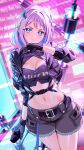  1girl belt black_gloves blue_eyes blush breasts cleavage cowboy_shot cropped_jacket english_commentary frown gakuen_idolmaster gloves half_updo highres holding holding_microphone idolmaster jacket kainown katsuragi_lilja long_sleeves looking_at_viewer medium_breasts medium_hair microphone midriff navel open_clothes open_jacket pink_hair shorts solo white_hair 