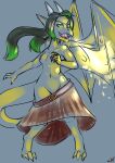2019 anthro areola back_wings belt biped black_hair bottomwear breasts breath_powers claws clothed clothes_falling_off clothing colored colored_sketch digitigrade dragon elemental_manipulation female female_anthro fire fire_breathing fire_manipulation front_view green_eyes green_highlights hair halcy0n hi_res highlights_(coloring) horn knock-kneed membrane_(anatomy) membranous_wings mostly_nude mythological_creature mythological_scalie mythology navel nipples non-mammal_breasts non-mammal_hair non-mammal_navel non-mammal_nipples open_mouth open_smile scalie signature simple_background sketch skirt smile snout solo standing tail tharkis topless topless_anthro topless_female wings