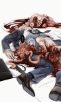  2boys ass blood blood_on_body blue_hair completely_nude corpse death eyeball guro highres horror_(theme) huli_xiaobai intestines jujutsu_kaisen long_hair looking_at_another lying mahito_(jujutsu_kaisen) multiple_boys nosebleed nude on_side 