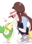  1girl affectionate blue_eyes bright_pupils brown_hair closed_mouth double_bun from_side hair_bun happy heart highres long_hair nakikot_t pantyhose pink_socks pokemon pokemon_(creature) pokemon_bw2 rosa_(pokemon) shirt shoes shorts smile snivy socks squatting three-quarter_sleeves twintails visor_cap white_background white_pupils xtransceiver yellow_shorts 
