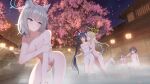  5girls :d ^_^ animal_ears ayane_(blue_archive) bare_shoulders black_hair blue_archive blue_eyes blush breasts brown_eyes cat_ears cherry_blossoms cleavage closed_eyes commentary completely_nude covering_nipples covering_privates extra_ears grey_hair halo highres hoshino_(blue_archive) kneeling leg_up long_hair multiple_girls night night_sky nonomi_(blue_archive) nude onsen outdoors parted_lips petals pointy_ears serika_(blue_archive) shiroko_(blue_archive) short_hair sitting sky smile twintails yin_ming 