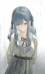  1girl airool arms_behind_back bang_dream! bang_dream!_it&#039;s_mygo!!!!! black_ribbon blue_hair buttons chinese_commentary closed_mouth collared_shirt commentary_request cowboy_shot frown gradient_background grey_background grey_shirt grey_skirt hair_between_eyes hair_ribbon highres long_hair long_sidelocks long_sleeves looking_to_the_side neck_ribbon parted_bangs plaid_clothes plaid_skirt ribbon shirt sidelocks sideways_glance skirt solo standing striped_ribbon togawa_sakiko white_background yellow_eyes 