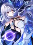  1girl bare_shoulders breasts commentary dress genshin_impact grey_hair halter_dress halterneck highres kome215629 large_breasts long_hair looking_at_viewer red_eyes skirk_(genshin_impact) solo upper_body very_long_hair white_dress 