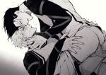  2boys anal ass barou_shouei blue_lock blue_lock_bodysuit chuma_a_a clothed_sex clothes_pull fingernails gradient_background grey_background greyscale hand_on_another&#039;s_neck highres looking_at_another male_focus male_penetrated monochrome multiple_boys nagi_seishirou open_mouth pants pants_pull penis puff_of_air short_hair simple_background soccer_uniform sportswear teeth testicles toned toned_male white_background yaoi 