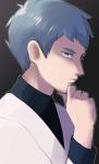  1boy archer_(pokemon) black_shirt blue_eyes closed_mouth eyelashes from_side grey_hair hand_on_own_chin hand_up highres jacket long_sleeves male_focus nakikot_t outline pokemon pokemon_hgss shirt short_hair solo thinking upper_body white_jacket 