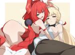  2girls :d alice_thymefield alternate_costume ass bare_legs bare_shoulders black_pantyhose blonde_hair breasts commentary donutman highres large_breasts long_hair looking_at_viewer low_twintails multiple_girls open_mouth pantyhose playboy_bunny red_hair smile symbol-only_commentary twintails two-tone_background ukinami_yuzuha white_background yellow_background zenless_zone_zero 