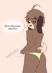  2019 animal_crossing anthro ariku arrow black_eyes brown_body brown_fur butt canid canine canis clothing dialogue digby_(animal_crossing) domestic_dog english_text floppy_ears fur hi_res invalid_tag long_ears looking_at_viewer looking_back male mammal mostly_nude nintendo open_mouth pink_background presenting presenting_hindquarters simple_background smile solo standing text thong tongue underwear video_games 