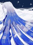  1other black_shorts black_suit blue_hair closed_mouth colored_skin expressionless gem_uniform_(houseki_no_kuni) grey_eyes highres houseki_no_kuni jacket lapis_lazuli_(houseki_no_kuni) long_hair looking_up mt5_014 other_focus short_shorts short_sleeves shorts sidelocks solo sparkle suit suit_jacket twitter_username two-tone_background very_long_hair white_skin 