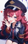  1girl armband blue_archive blue_halo commentary fellatio_gesture fluffy_hair gehenna_academy_logo halo hat heart highres iroha_(blue_archive) jacket karaage_(xxxmido02) looking_at_viewer loose_necktie military_hat military_jacket necktie ok_sign peaked_cap pencil_skirt purple_halo red_armband red_hair red_necktie safety_pin skirt solo tongue tongue_out 