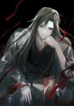  1boy ahoge bishounen black_background black_hair black_hanfu chinese_clothes closed_mouth coat collarbone grey_coat hair_down hair_ribbon half_updo hand_on_own_face hand_up hanfu head_rest long_hair long_sleeves looking_at_viewer male_focus modao_zushi official_alternate_costume official_alternate_hairstyle open_clothes open_coat red_eyes red_ribbon red_sash ribbon robe sash serenity0712 simple_background sitting smile solo wei_wuxian wei_wuxian_(yiling_laozu) wide_sleeves 