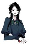  1girl black_eyes black_hair black_nails blue_shirt breast_pocket bright_pupils check_copyright collared_shirt commentary_request copyright_request cropped_torso expressionless eyelashes floral_print highres juliet_sleeves korean_commentary leirbs2s2 long_hair long_sidelocks long_sleeves looking_to_the_side multicolored_hair nail_polish original pocket puffy_sleeves shirt sidelocks simple_background sleeves_past_wrists solo streaked_hair two-sided_sleeves two-tone_hair white_background white_hair white_pupils 