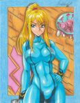  1girl blonde_hair blue_eyes bodysuit breasts highres large_breasts long_hair looking_at_viewer metroid mole mole_under_mouth ponytail ravernclouk samus_aran solo zero_suit 