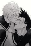  2boys absurdres barou_shouei blue_lock chuma_a_a closed_eyes greyscale highres kiss light_blush looking_at_another male_focus monochrome multiple_boys nagi_seishirou nose open_mouth shirt short_hair simple_background soccer_uniform sportswear teeth upper_teeth_only white_background yaoi 