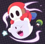  1boy blue_boots boo_(mario) boots ghost highres mario_(series) mofupoyo ninji one_eye_closed open_mouth patterned_background red_robe robe sharp_teeth shy_guy star_(symbol) teeth upper_teeth_only white_mask 