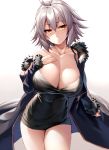  1girl ahoge black_dress blue_coat blush breasts cleavage coat collarbone cowboy_shot dress fate/grand_order fate_(series) fur-trimmed_coat fur-trimmed_sleeves fur_trim gradient gradient_background hand_on_own_chest huge_breasts jeanne_d&#039;arc_(alter)_(fate) jeanne_d&#039;arc_(fate)_(all) jewelry long_sleeves necklace nose_blush open_clothes open_coat short_dress short_hair shunichi silver_hair solo wicked_dragon_witch_ver._shinjuku_1999 yellow_eyes 