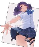  1girl breasts choker collared_shirt diagonal_bangs ear_piercing from_below highres idolmaster idolmaster_shiny_colors ito_(itokayu) loose_neck_ribbon medium_breasts miniskirt neck_ribbon piercing plaid_clothes plaid_skirt purple_eyes purple_hair purple_nails ribbon school_uniform shirt short_sleeves skirt smile solo studded_choker tanaka_mamimi thigh_strap thighs twintails white_background 