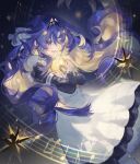  1girl :d absurdres apron beamed_eighth_notes black_dress black_hairband blonde_hair blue_eyes blue_hair crossed_arms dress eighth_note feet_out_of_frame frilled_apron frills hair_intakes hair_ornament hairband hands_up highres hugging_object long_hair medium_dress musical_note musical_staff open_mouth pantyhose quarter_note reverse:1999 school_uniform smile snowmint solo soviet_school_uniform star_(symbol) star_hair_ornament star_symbol_background teeth voyager_(reverse:1999) voyager_golden_record white_apron white_pantyhose 