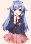  1girl :d alternate_hair_length alternate_hairstyle animal_ears black_jacket blue_hair blush commentary cowboy_shot crescent crescent_pin floppy_ears hand_up highres index_finger_raised jacket long_hair long_sleeves looking_at_viewer necktie open_mouth pink_skirt pleated_skirt rabbit_ears red_eyes red_necktie reisen_(touhou_bougetsushou) ruu_(tksymkw) shirt simple_background skirt smile solo touhou white_shirt yellow_background 