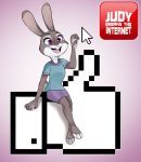  anthro barefoot bottomwear buckteeth clothed clothing crossover dipstick_ears disney english_text fully_clothed fur grey_body grey_fur judy_hopps lagomorph leporid mammal multicolored_ears open_mouth open_smile pink_background purple_eyes rabbit rin_tyan scut_tail shirt simple_background sitting skirt smile solo teeth text tongue topwear white_body white_fur zootopia 