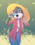  anthro bottomwear breasts buckteeth clothed clothing dipstick_ears disney female food front_view fur grey_body grey_fur hat head_tuft headgear headwear holding_food holding_object judy_hopps lagomorph leporid mammal multicolored_ears open_mouth open_shirt pants popsicle purple_eyes rabbit rin_tyan scut_tail shirt solo standing teeth tongue tongue_out topwear tuft zootopia 