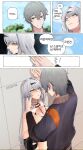  absurdres black_shorts green_eyes grey_hair hair_ornament highres korean_commentary korean_text long_hair looking_at_another pyeong_il shorts single_hair_intake speech_bubble white_hair wise_(zenless_zone_zero) yellow_eyes yin_yang_pin yixuan_(zenless_zone_zero) zenless_zone_zero 