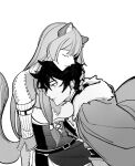  1boy 1girl animal_ear_fluff animal_ears armor belt blunt_bangs breastplate breasts chinese_commentary cloak closed_eyes commentary_request couple dice657523 dress elbow_gloves empty_eyes fur-trimmed_cloak fur_trim gloves hair_between_eyes hetero highres iwatani_naofumi layered_dress leather_armor light_smile long_hair medium_breasts messy_hair metal_arm_cuffs metal_hair_tubes monochrome parted_lips pauldrons raccoon_ears raccoon_girl raccoon_tail raphtalia short_hair shoulder_armor simple_background single_pauldron straight_hair striped_clothes striped_dress tail tate_no_yuusha_no_nariagari two-tone_dress vertical-striped_clothes vertical-striped_dress 