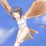  1:1 avian bottomless clothed clothing featureless_crotch female flying harpy humanoid low_res purple_bonus shirt solo tank_top topwear yellow_eyes 