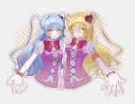 +_+ 2girls :d ;d blonde_hair blue_hair bochishiraita breasts cropped_torso don_quixote_(project_moon) e.g.o_(project_moon) grey_background hair_ornament hashtag-only_commentary heart heart_hair_ornament highres in_the_name_of_love_and_hate_(e.g.o) limbus_company lobotomy_corporation lobotomy_corporation_(identity)_(project_moon) long_hair long_sleeves looking_at_viewer multiple_girls one_eye_closed open_mouth outline project_moon queen_of_hatred simple_background sleeveless smile two_side_up white_outline yellow_eyes 