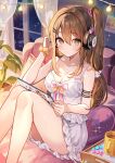  1girl absurdres bare_shoulders blush breasts brown_eyes brown_hair brown_scrunchie camisole candy_wrapper character_request cleavage closed_mouth commentary_request cup curtains feet_out_of_frame frilled_skirt frills girls&#039;_frontline goroo_(eneosu) hair_between_eyes hair_ornament hairclip headphones heart heart-shaped_pillow highres indoors k2_(girls&#039;_frontline) knees_up long_hair looking_at_viewer medium_breasts mug night night_sky one_side_up photo_(object) pillow scrunchie sitting skirt sky smile solo star_(sky) starry_sky tablet_pc white_camisole white_skirt window wrist_scrunchie yoohee_(girls&#039;_frontline_2) 