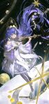  1girl black_gloves blue_eyes blue_hair bow_(music) closed_mouth colored_inner_hair detached_sleeves dress floating_hair full_body gloves gradient_pantyhose gudok hair_intakes hair_ornament hands_up highres holding holding_bow_(music) instrument juliet_sleeves kokoshnik long_hair long_sleeves looking_at_viewer mirror misonyeo_s2 multicolored_hair music musical_staff official_alternate_costume pantyhose planet playing_instrument print_pantyhose puffy_sleeves reverse:1999 short_dress single_glove sleeveless sleeveless_dress smile solo space star_(symbol) star_hair_ornament starry_sky_print very_long_hair voyager_(choir_of_the_stars)_(reverse:1999) voyager_(reverse:1999) white_dress wide_sleeves 