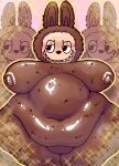  anthro areola belly big_belly big_nipples blush brown_body brown_fur cellulite female fur hi_res humanoid labubu monster naughtymoff nipples oiled_body oiled_fur oiled_up oily smug solo teeth 