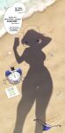  1girl analog_clock beach bikini black_bow black_hat blue_bikini bow clock dressed_shadow_(meme) english_text halo hat highres holding holding_phone hololive hololive_english kronie_(ouro_kronii) meme mini_hat mini_top_hat motion_lines myth1carts ouro_kronii outdoors phone sand shadow shell speech_bubble starfish swimsuit thigh_gap top_hat twitter_strip_game unworn_bikini unworn_bow 