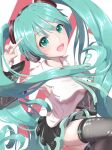  1girl aqua_eyes aqua_hair aqua_necktie black_skirt black_sleeves detached_sleeves hatsune_miku headphones headset highres long_hair looking_at_viewer necktie shirt skirt solo twintails twintails_day very_long_hair vocaloid white_shirt yukichi_(yu-ame) 